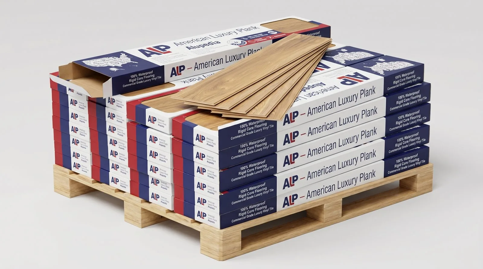ALP American Luxury Plank branded boxes stacked on a pallet